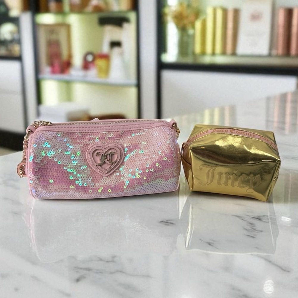 Juicy Couture Pink Sequin Barrel Bag & Gold Makeup Case Set โ Glam Y2K Duo